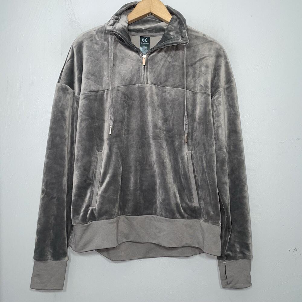 Champion Pullover Size Small Gray Velour Velvet 1/4 Zip Lounge Cozy Athleisure